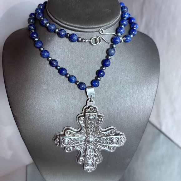 Maltese Cross Sterling Silver 30" Lapis Lazuli Necklace 925 Tahitian Pearls - Picture 2 of 9